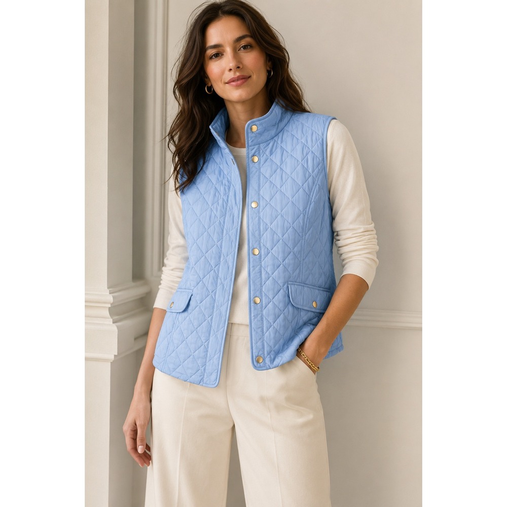 Talbots Petite Quilted Puffer Vest Light Blue Snap Front Fleece Lined LP